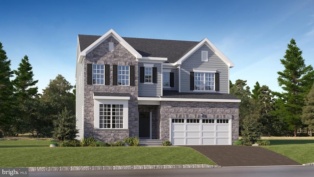 view of front of house with stone siding, a garage, asphalt driveway, and a front yard