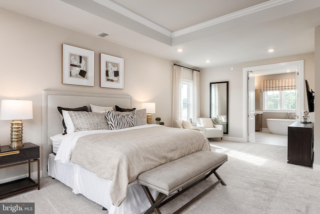 bedroom with visible vents, light carpet, ornamental molding, recessed lighting, and baseboards