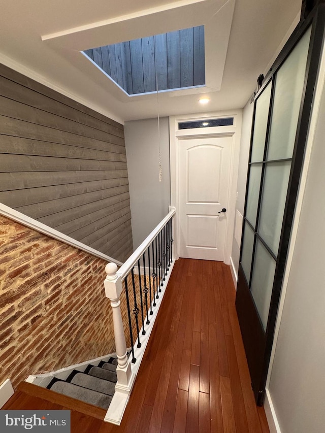 corridor featuring dark wood-style flooring and wood walls