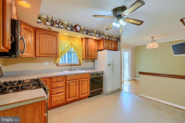 kitchen featuring stainless steel range with gas cooktop, a sink, white fridge with ice dispenser, dishwasher, and brown cabinets