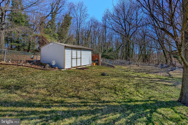 view of yard featuring a storage shed, an outbuilding, and a fenced backyard