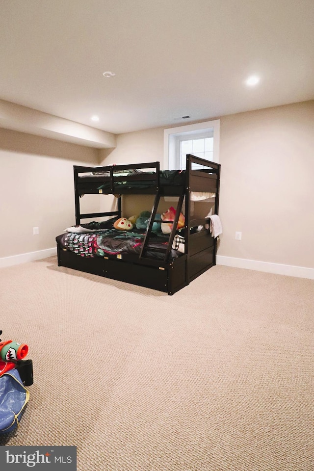 bedroom with carpet flooring, recessed lighting, and baseboards