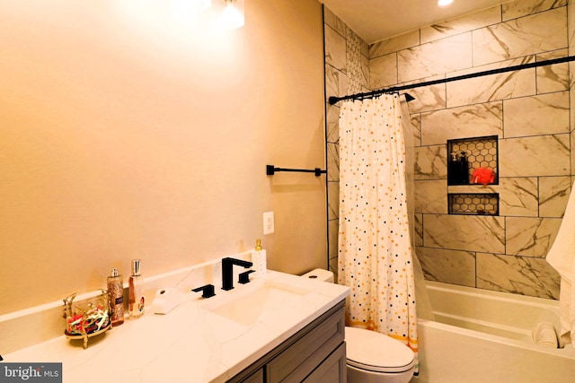 full bathroom with toilet, vanity, and shower / bath combination with curtain