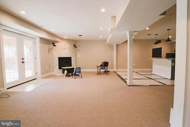 playroom featuring carpet flooring, recessed lighting, and french doors