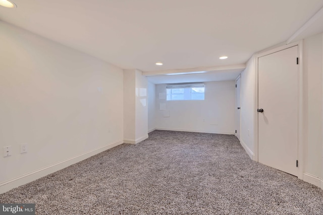 interior space with recessed lighting, baseboards, and carpet floors