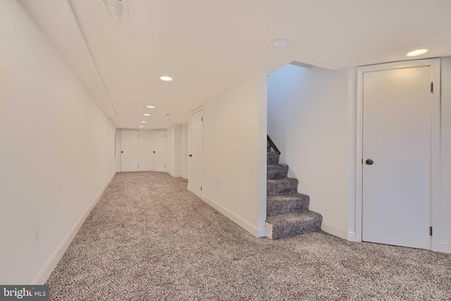 hall featuring recessed lighting, stairway, baseboards, and carpet flooring