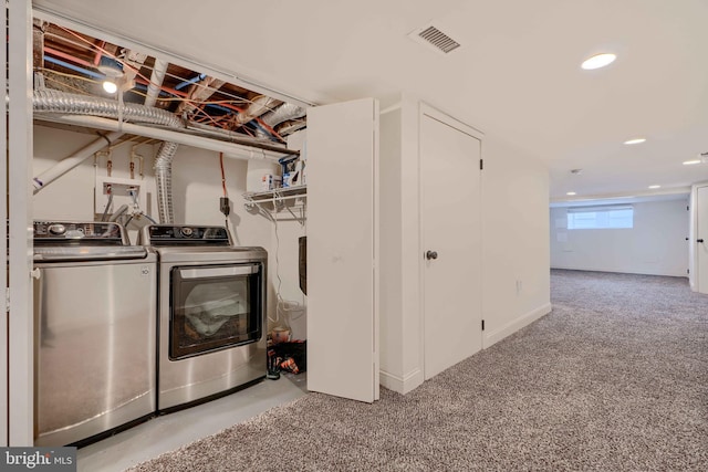 laundry area with visible vents, washer and clothes dryer, recessed lighting, carpet floors, and laundry area