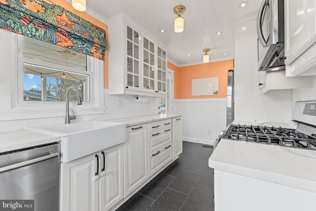 kitchen with a sink, ornamental molding, glass insert cabinets, appliances with stainless steel finishes, and wainscoting