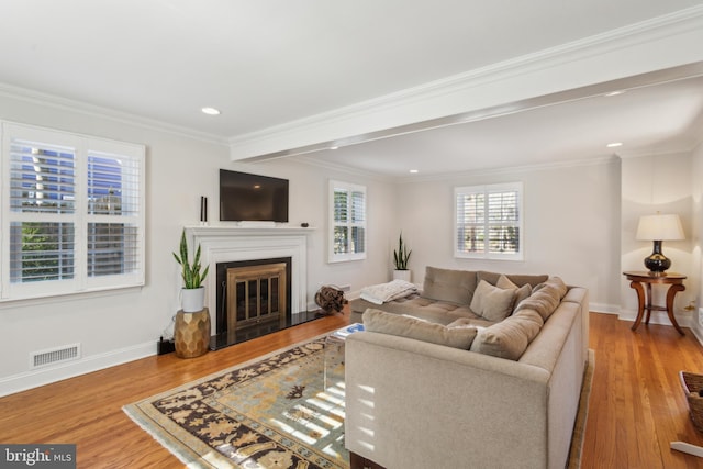 living room with wood finished floors, baseboards, and ornamental molding