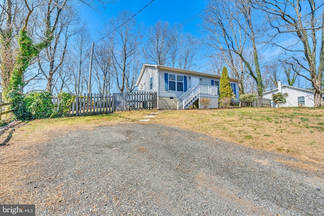 view of front of house with crawl space, a fenced front yard, and a front yard