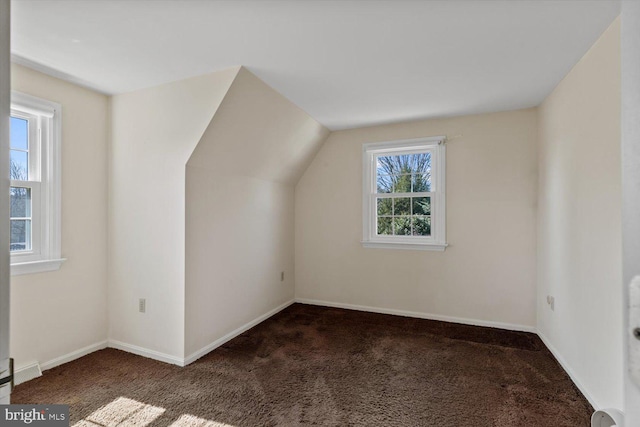 additional living space featuring lofted ceiling, carpet flooring, visible vents, and baseboards