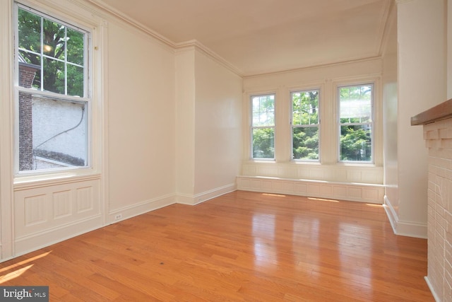 spare room featuring a healthy amount of sunlight, light wood-type flooring, and crown molding