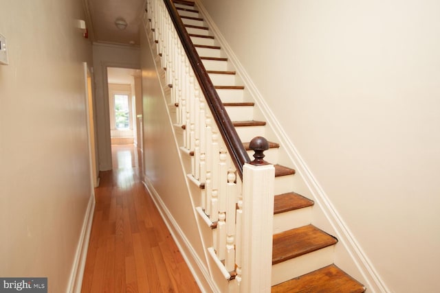 staircase featuring ornamental molding, baseboards, and wood finished floors