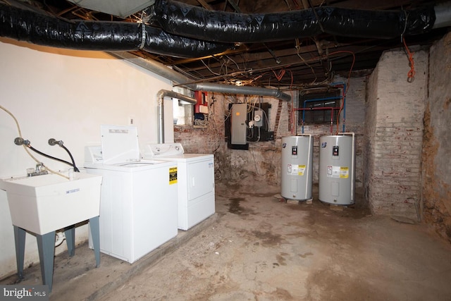 unfinished below grade area featuring electric panel, separate washer and dryer, and water heater