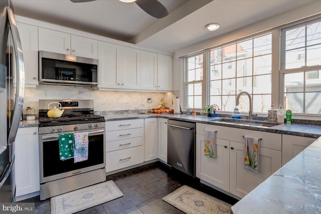 kitchen featuring light stone countertops, a sink, appliances with stainless steel finishes, white cabinetry, and backsplash