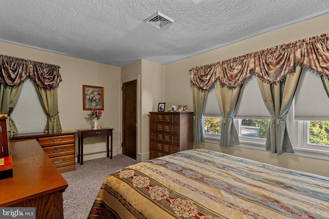 carpeted bedroom featuring visible vents, a textured ceiling, and a baseboard radiator