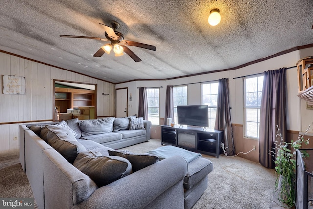 living room featuring light carpet, a textured ceiling, and ornamental molding