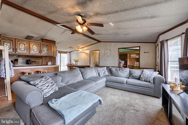 carpeted living area with a wealth of natural light, lofted ceiling, a textured ceiling, and ceiling fan