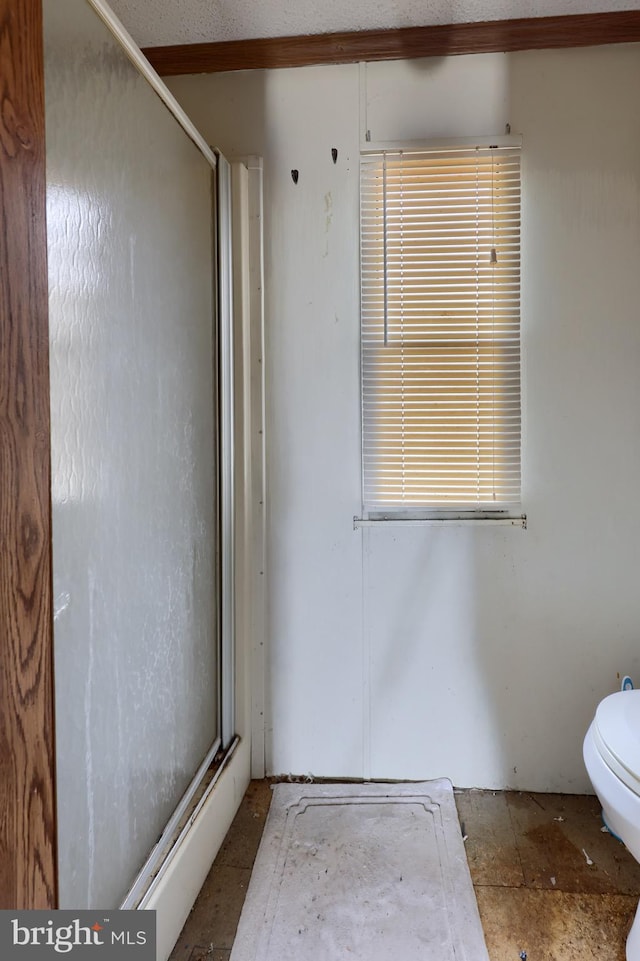 bathroom featuring toilet and a stall shower