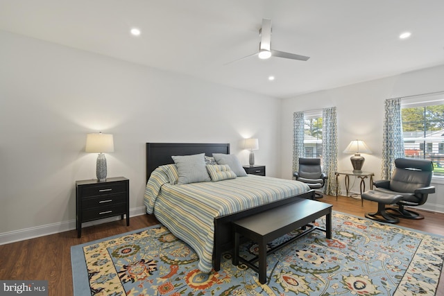 bedroom featuring dark wood-type flooring, multiple windows, and baseboards