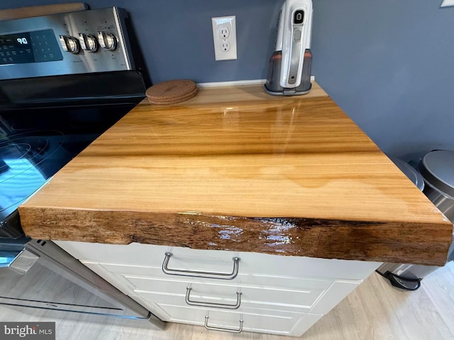 interior details with stainless steel electric range and baseboards