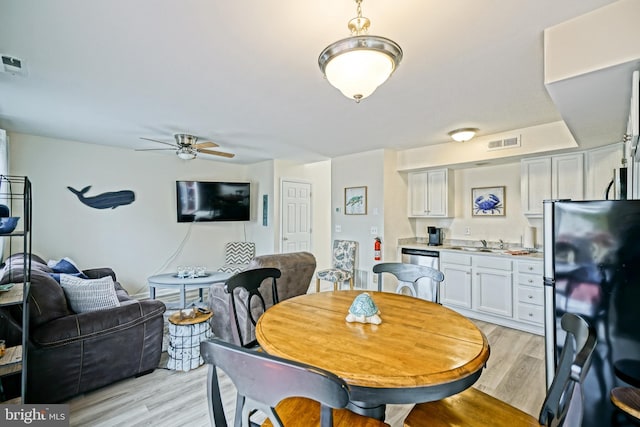 dining room with visible vents, light wood finished floors, and ceiling fan