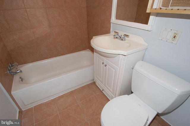 full bathroom with tile patterned flooring, shower / tub combination, toilet, and vanity