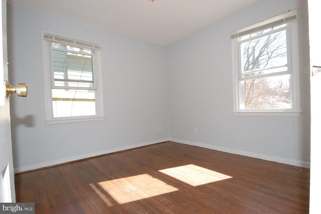 spare room featuring baseboards, a healthy amount of sunlight, and wood finished floors