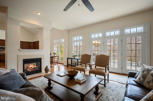 living area featuring a wealth of natural light, a fireplace with flush hearth, vaulted ceiling, and wood finished floors