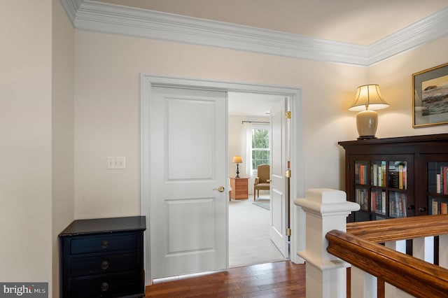 corridor featuring wood finished floors and ornamental molding