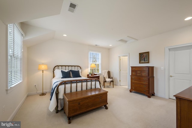 bedroom featuring baseboards, visible vents, attic access, recessed lighting, and light carpet