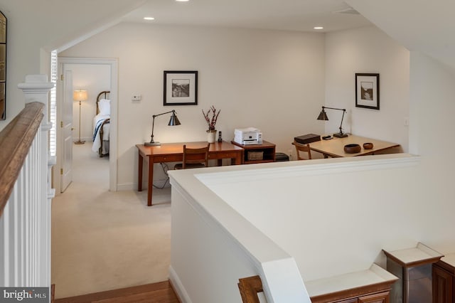 home office featuring recessed lighting, baseboards, and light colored carpet