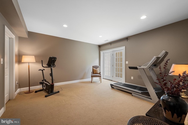 workout room with carpet flooring, recessed lighting, and baseboards