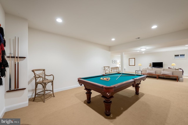 game room featuring visible vents, baseboards, recessed lighting, pool table, and light carpet