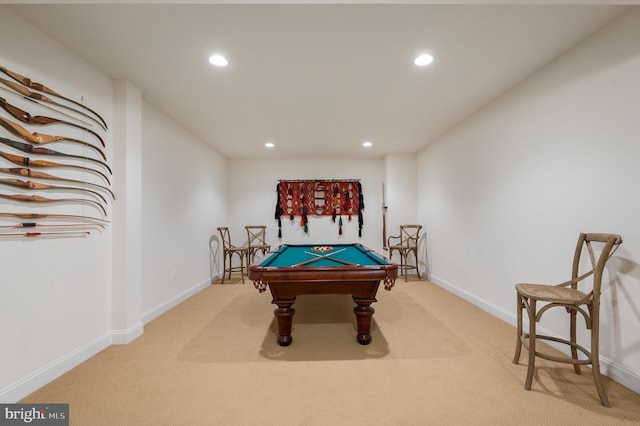 rec room with recessed lighting, pool table, light colored carpet, and baseboards