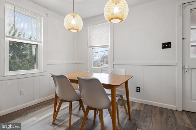 dining area with a wainscoted wall and wood finished floors