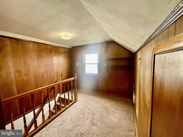 additional living space with vaulted ceiling, wooden walls, a textured ceiling, and carpet floors