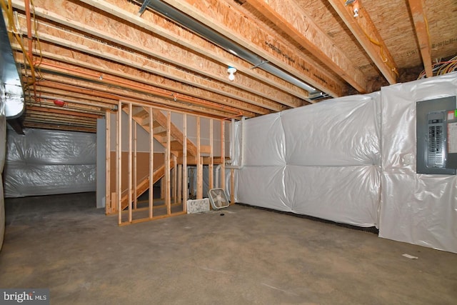 unfinished basement featuring electric panel