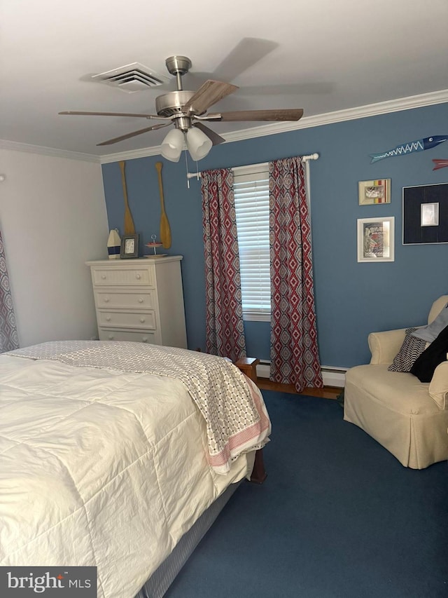 bedroom with ceiling fan, crown molding, visible vents, and a baseboard radiator