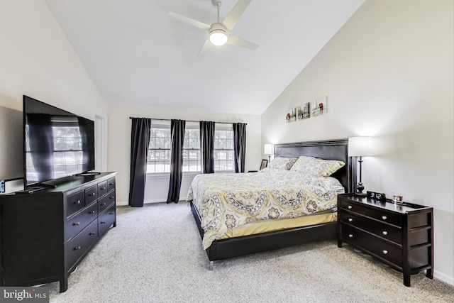 bedroom featuring high vaulted ceiling, baseboards, carpet floors, and ceiling fan