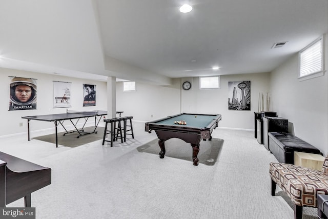 recreation room with a wealth of natural light, visible vents, carpet floors, and billiards