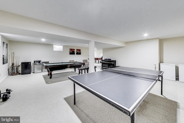 game room with billiards, recessed lighting, and carpet floors