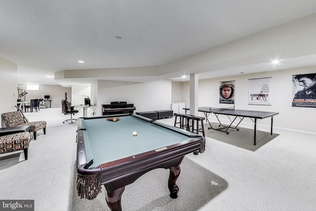 playroom featuring billiards, carpet flooring, recessed lighting, and baseboards