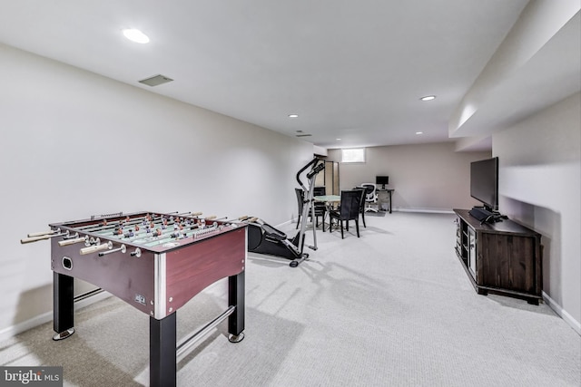 recreation room featuring carpet flooring, recessed lighting, visible vents, and baseboards