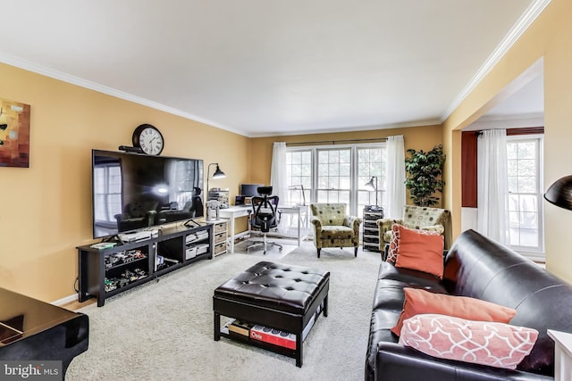 living area with plenty of natural light, crown molding, and carpet