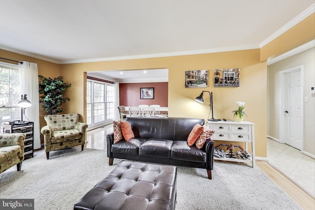 living room featuring wood finished floors, baseboards, and ornamental molding