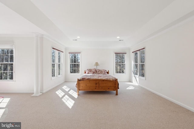 bedroom featuring carpet flooring, recessed lighting, baseboards, and ornate columns