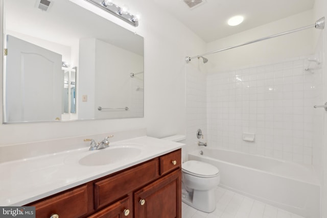 bathroom featuring bathing tub / shower combination, visible vents, toilet, and vanity