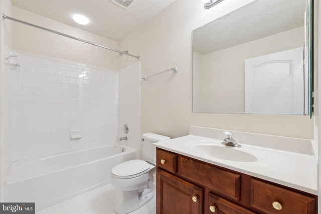 bathroom with visible vents, toilet,  shower combination, and vanity