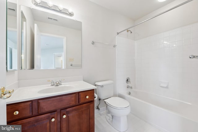 bathroom featuring vanity,  shower combination, toilet, and visible vents